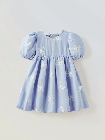 Young Girl Loose Casual Puff Sleeve Floral Bud Dress