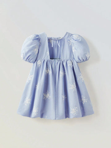 Young Girl Loose Casual Puff Sleeve Floral Bud Dress