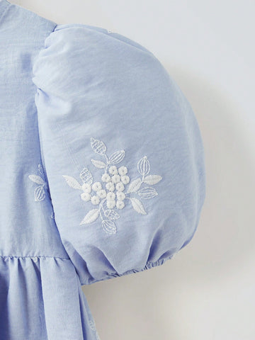 Young Girl Loose Casual Puff Sleeve Floral Bud Dress