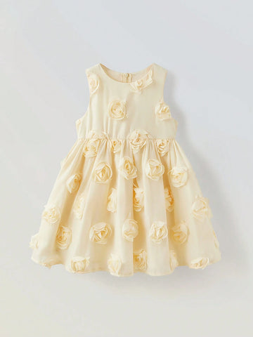 Young Girl Loose Casual Round Neck 3D Floral Fabric Dress