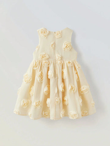 Young Girl Loose Casual Round Neck 3D Floral Fabric Dress