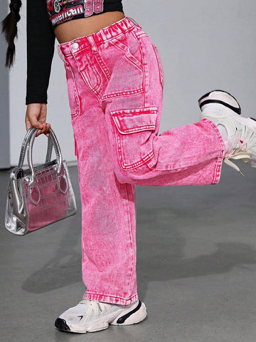 Young Girl Loose Fit Cargo Pocket Pink Denim Wide Leg Pants