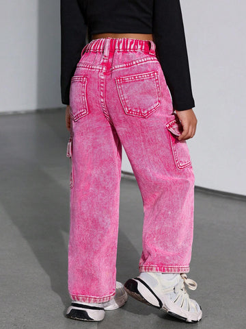 Young Girl Loose Fit Cargo Pocket Pink Denim Wide Leg Pants