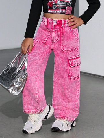 Young Girl Loose Fit Cargo Pocket Pink Denim Wide Leg Pants