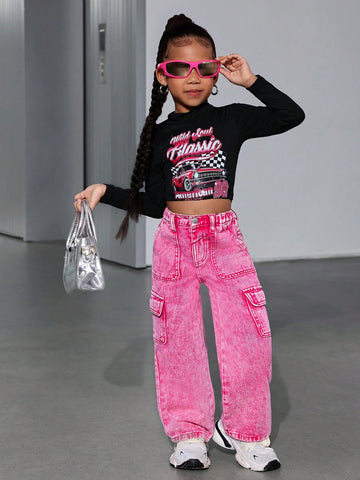 Young Girl Loose Fit Cargo Pocket Pink Denim Wide Leg Pants