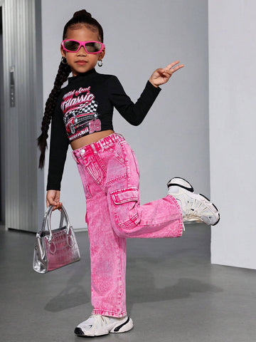 Young Girl Loose Fit Cargo Pocket Pink Denim Wide Leg Pants