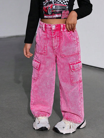 Young Girl Loose Fit Cargo Pocket Pink Denim Wide Leg Pants