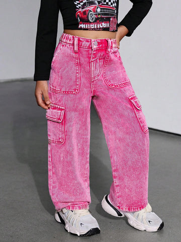 Young Girl Loose Fit Cargo Pocket Pink Denim Wide Leg Pants