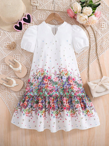 Young Girl Loose Vacation Style Floral Printed Dress With Lantern Sleeves And V-Neck, Ramandan Style