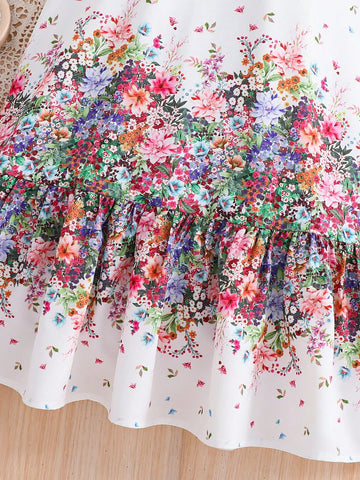 Young Girl Loose Vacation Style Floral Printed Dress With Lantern Sleeves And V-Neck, Ramandan Style