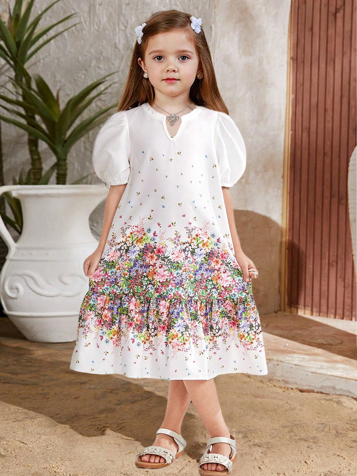 Young Girl Loose Vacation Style Floral Printed Dress With Lantern Sleeves And V-Neck, Ramandan Style