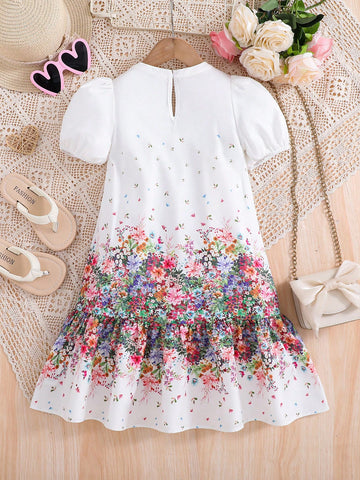 Young Girl Loose Vacation Style Floral Printed Dress With Lantern Sleeves And V-Neck, Ramandan Style