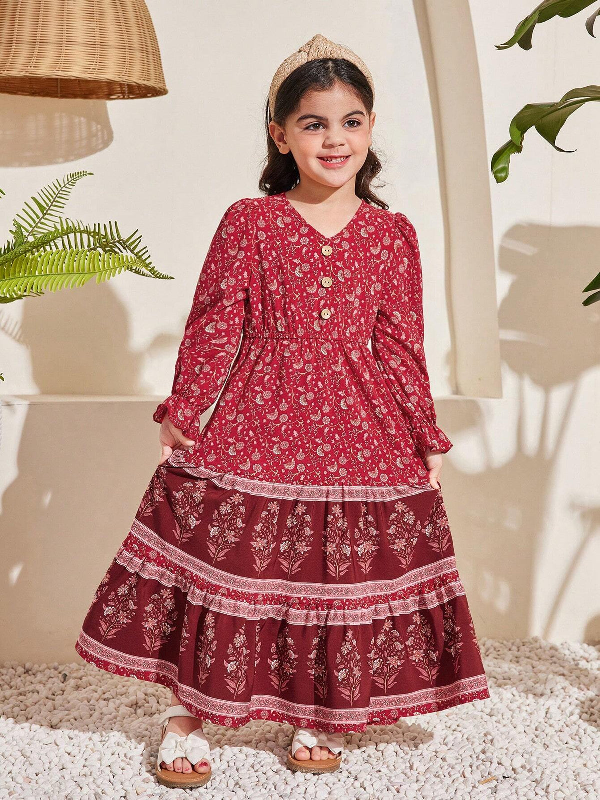 Young Girl Loose Vacation Style Plant Printed Dress With Ruffled Sleeves And V-Neck