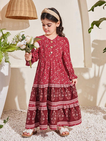 Young Girl Loose Vacation Style Plant Printed Dress With Ruffled Sleeves And V-Neck