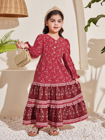 Young Girl Loose Vacation Style Plant Printed Dress With Ruffled Sleeves And V-Neck