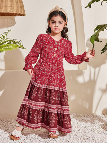 Young Girl Loose Vacation Style Plant Printed Dress With Ruffled Sleeves And V-Neck