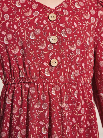 Young Girl Loose Vacation Style Plant Printed Dress With Ruffled Sleeves And V-Neck