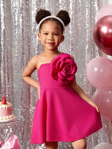 Young Girl Lovely Fuchsia 3D Floral One Shoulder Sleeveless Dress, Valentine's Day