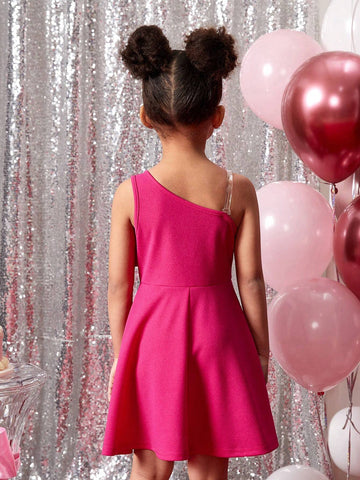 Young Girl Lovely Fuchsia 3D Floral One Shoulder Sleeveless Dress, Valentine's Day