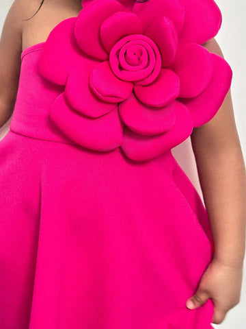 Young Girl Lovely Fuchsia 3D Floral One Shoulder Sleeveless Dress, Valentine's Day