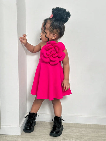 Young Girl Lovely Fuchsia 3D Floral One Shoulder Sleeveless Dress, Valentine's Day