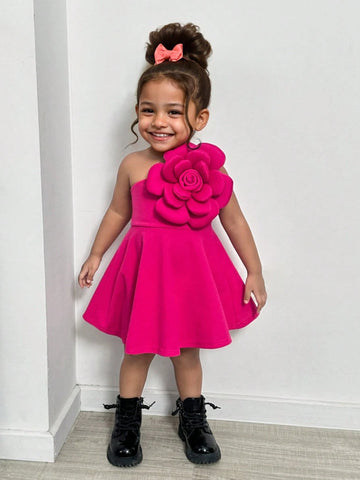 Young Girl Lovely Fuchsia 3D Floral One Shoulder Sleeveless Dress, Valentine's Day