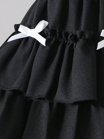 Young Girl' Lovely Princess Layered Skirt With Bow Decor At Back Waist, Elastic Waistband, Suitable For Daily Outings