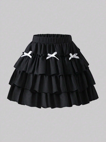 Young Girl' Lovely Princess Layered Skirt With Bow Decor At Back Waist, Elastic Waistband, Suitable For Daily Outings