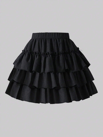 Young Girl' Lovely Princess Layered Skirt With Bow Decor At Back Waist, Elastic Waistband, Suitable For Daily Outings