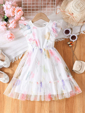 Young Girl Lovely Romantic Butterfly Printed Mesh Dress