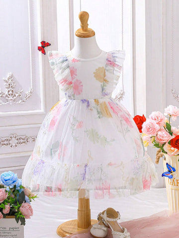 Young Girl Lovely Romantic Butterfly Printed Mesh Dress