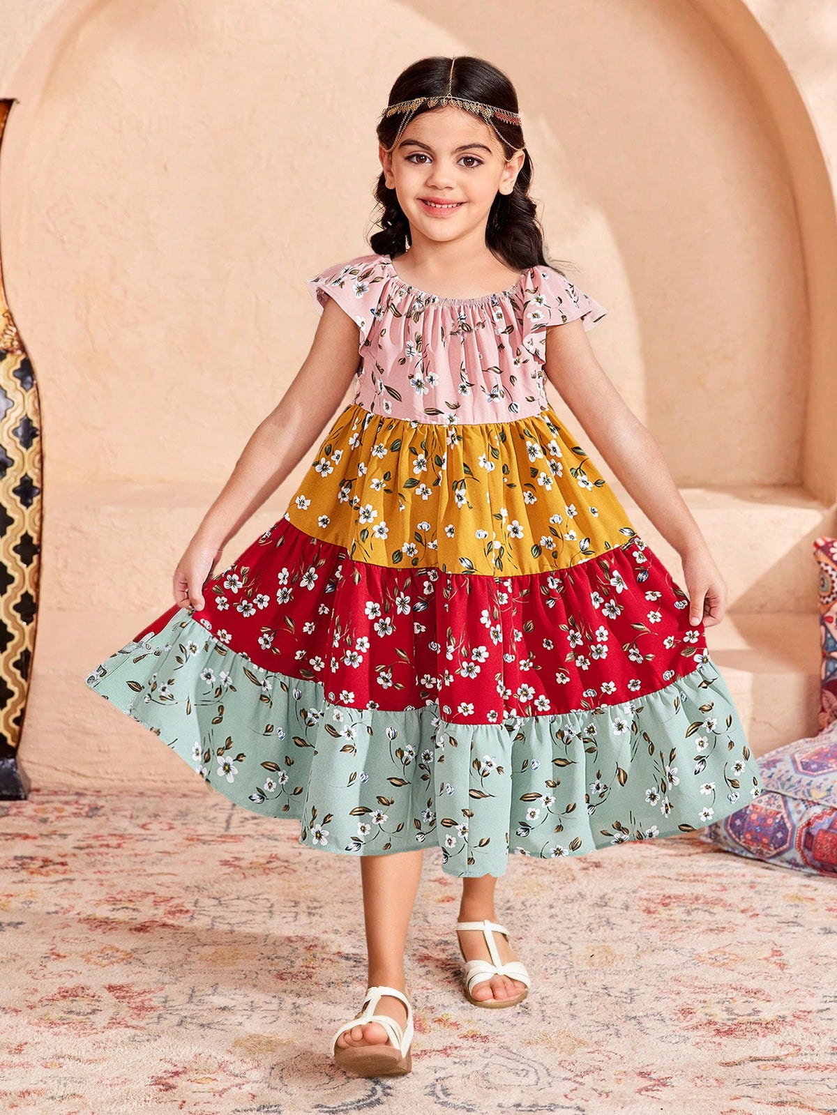 Young Girl Matching Mother-Daughter Colorful Rose Floral Patchwork Ruffle Hem Dress , Spring And Summer