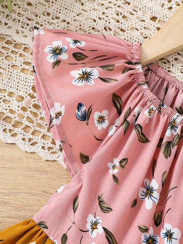 Young Girl Matching Mother-Daughter Colorful Rose Floral Patchwork Ruffle Hem Dress , Spring And Summer
