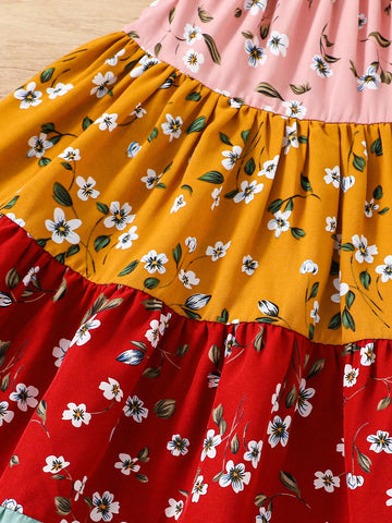 Young Girl Matching Mother-Daughter Colorful Rose Floral Patchwork Ruffle Hem Dress , Spring And Summer