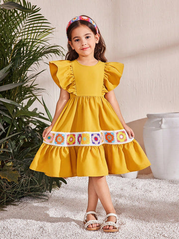 Young Girl Matching Mother-Daughter Vintage Crochet Knit Ruffle Hem Dress ,Suitable For Wearing Spring And Summer