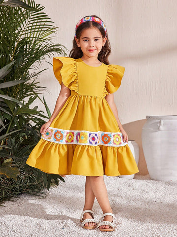 Young Girl Matching Mother-Daughter Vintage Crochet Knit Ruffle Hem Dress ,Suitable For Wearing Spring And Summer