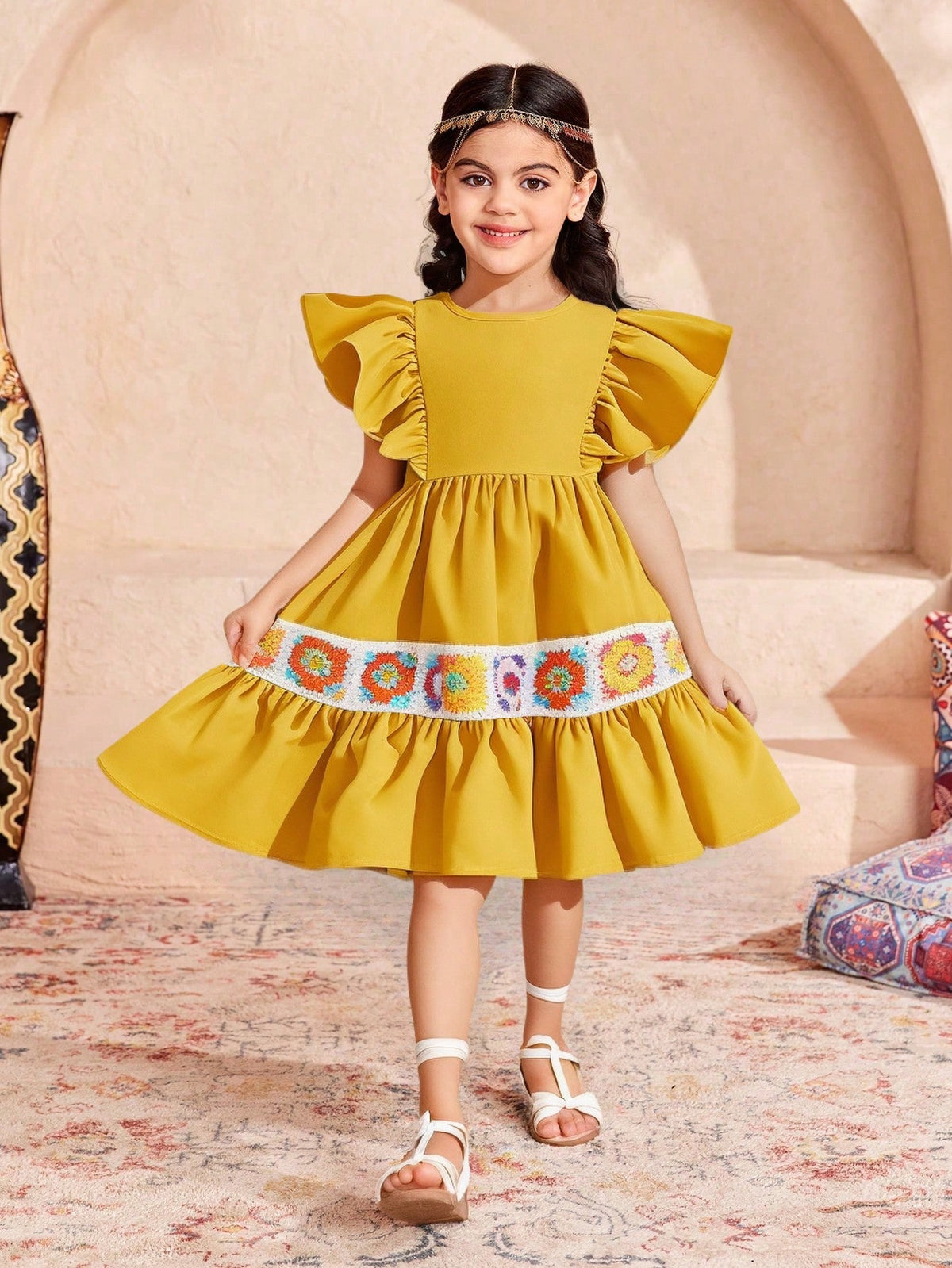 Young Girl Matching Mother-Daughter Vintage Crochet Knit Ruffle Hem Dress ,Suitable For Wearing Spring And Summer