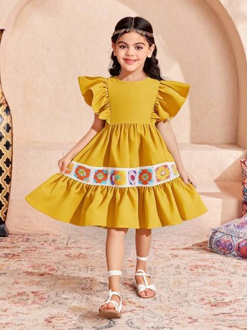 Young Girl Matching Mother-Daughter Vintage Crochet Knit Ruffle Hem Dress ,Suitable For Wearing Spring And Summer