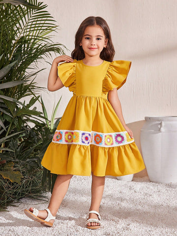 Young Girl Matching Mother-Daughter Vintage Crochet Knit Ruffle Hem Dress ,Suitable For Wearing Spring And Summer