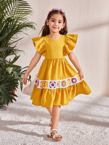 Young Girl Matching Mother-Daughter Vintage Crochet Knit Ruffle Hem Dress ,Suitable For Wearing Spring And Summer