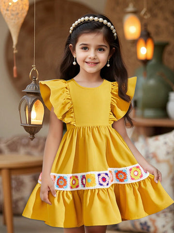 Young Girl Matching Mother-Daughter Vintage Crochet Knit Ruffle Hem Dress ,Suitable For Wearing Spring And Summer