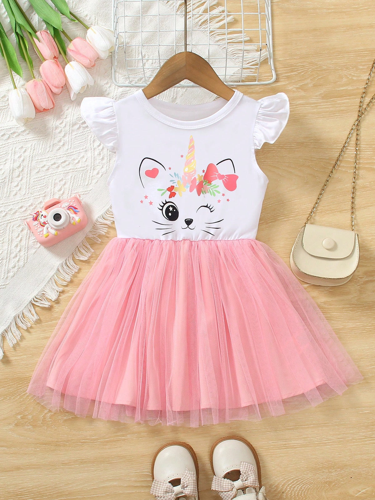 Young Girl Mesh Patchwork Round Neck Sleeveless Printed Casual Dress