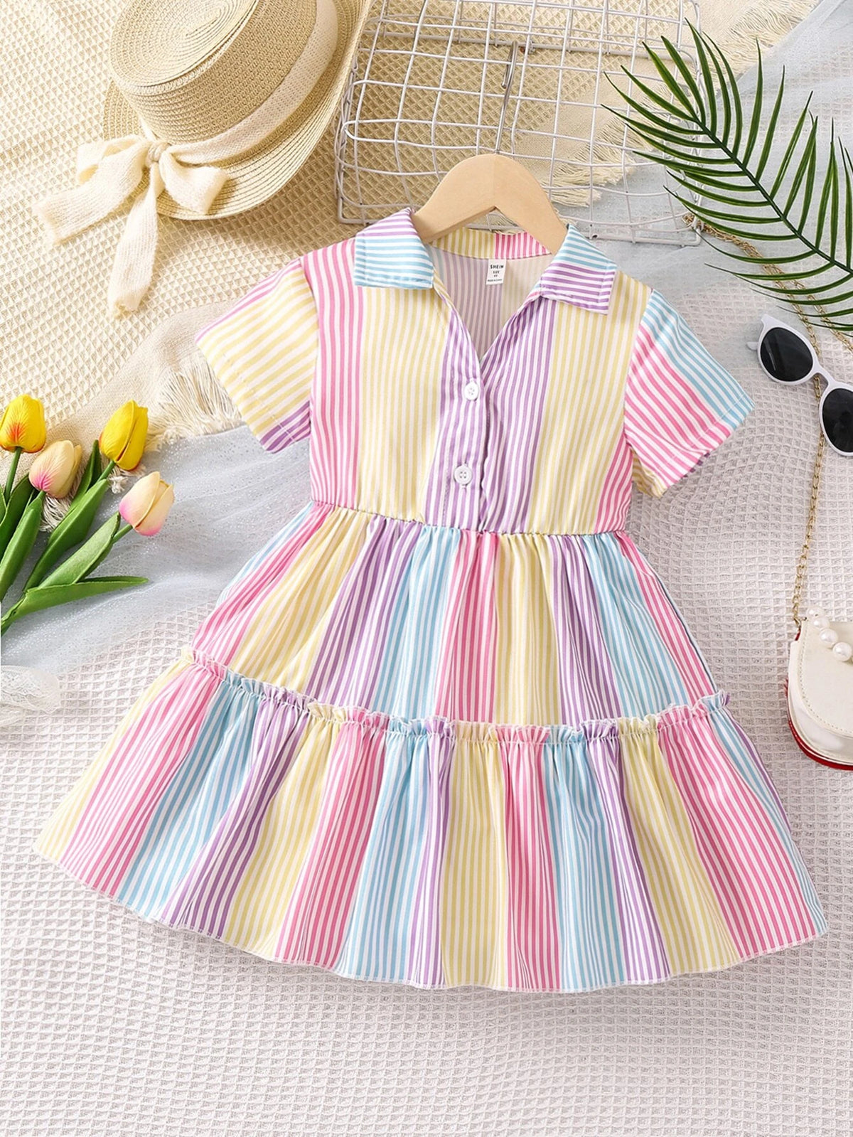 Young Girl Multicolor Striped & Color Block Holiday Sweet Fresh Dress With Lapel Collar And Regular Sleeves For Summer