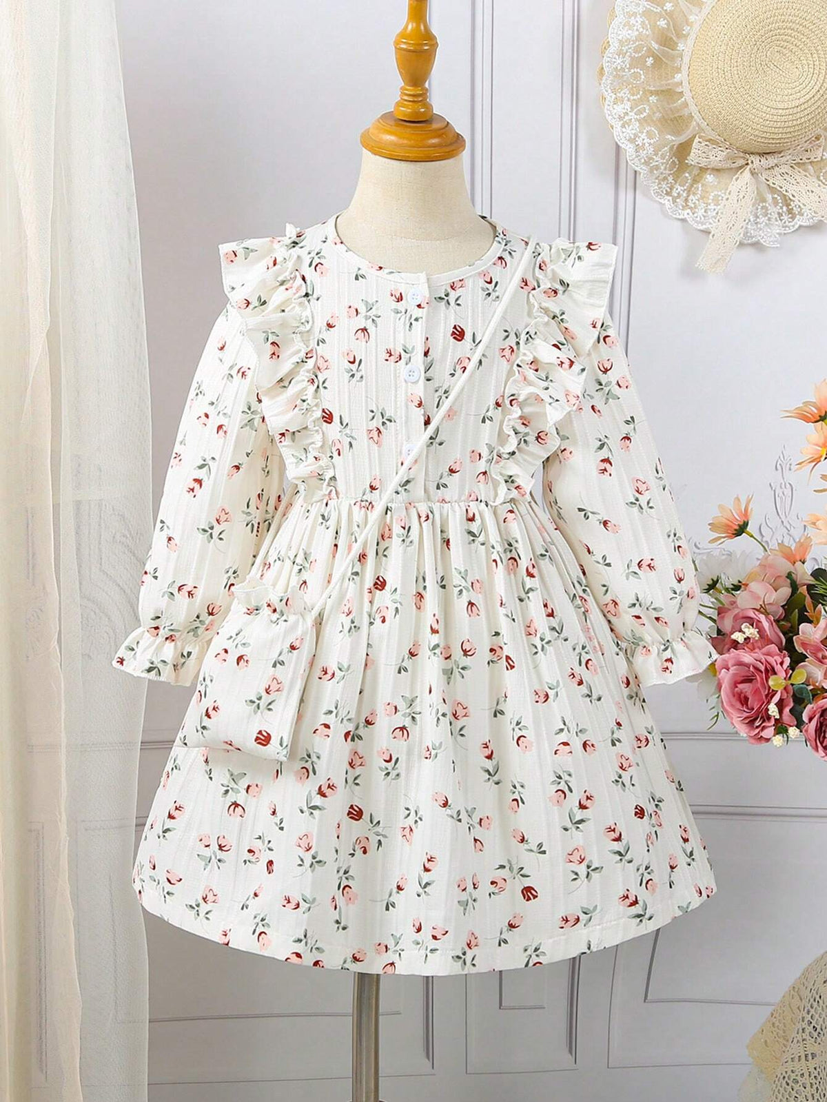Young Girl New Arrival Long Sleeve Loose Fit A-line Princess Dress With Floral Print