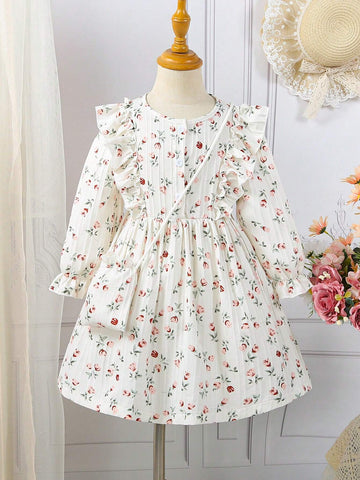 Young Girl New Arrival Long Sleeve Loose Fit A-line Princess Dress With Floral Print