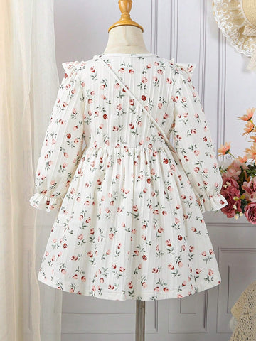 Young Girl New Arrival Long Sleeve Loose Fit A-line Princess Dress With Floral Print