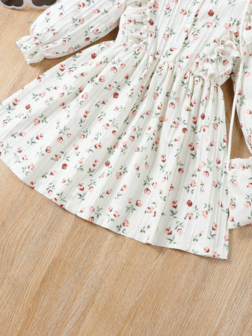 Young Girl New Arrival Long Sleeve Loose Fit A-line Princess Dress With Floral Print