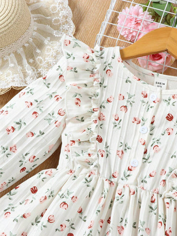 Young Girl New Arrival Long Sleeve Loose Fit A-line Princess Dress With Floral Print