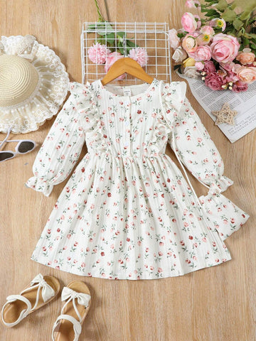 Young Girl New Arrival Long Sleeve Loose Fit A-line Princess Dress With Floral Print