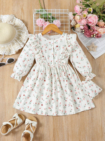 Young Girl New Arrival Long Sleeve Loose Fit A-line Princess Dress With Floral Print